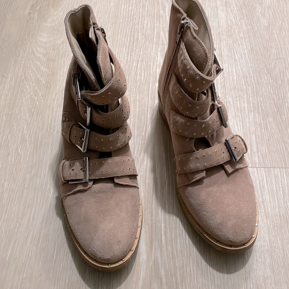 Black Suede Studio Booties with buckles.